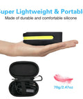 Rechargeable Headlamp Flashlight With Carry Case For Outdoors in hand, lightweight silicone band, carry case shown open