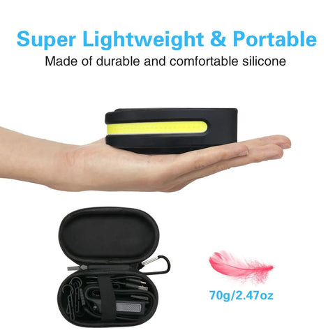 Rechargeable Headlamp Flashlight With Carry Case For Outdoors in hand, lightweight silicone band, carry case shown open
