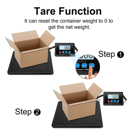 Heavy Duty Shipping Scale Workhorse 440Lb Max 10g Digital Postal Scale showing tare function with open box on platform
