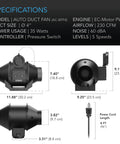 Diagram showing dimensions and specifications of 4 Inch Auto Duct Booster Fan With Differential Pressure Switch For Industrial HVAC Ducting And Ventilation Exhaust Systems, Self Activates On Pressure Change To Boost Airflow Without Manual Adjustment