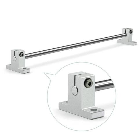 Close-up of Heavy Duty SK12 Aluminum Linear Rod Rail Shaft Support For 12mm Shafts with clear mounting and rod details.