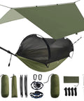 Ultralight Camping Hammock With Mosquito Net And Rain Fly set with accessories including tree straps and carabiners, supports 500 lbs