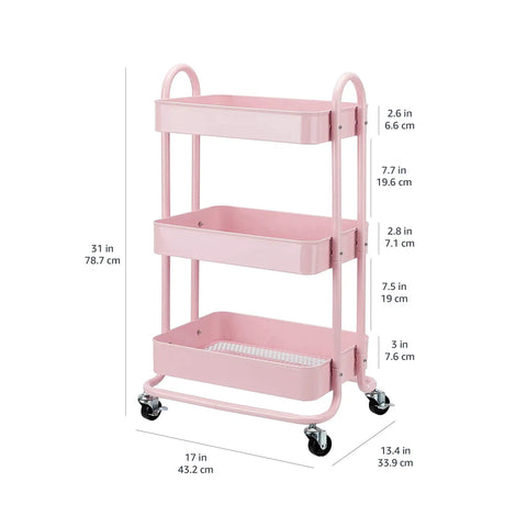 Slick Three Tier Rolling Metal Utility Kitchen Cart With Lockable Swivel Casters And Nifty Recessed Bins For No Stress Moving And Ultra Spacious Storage Solutions In Dusty Pink