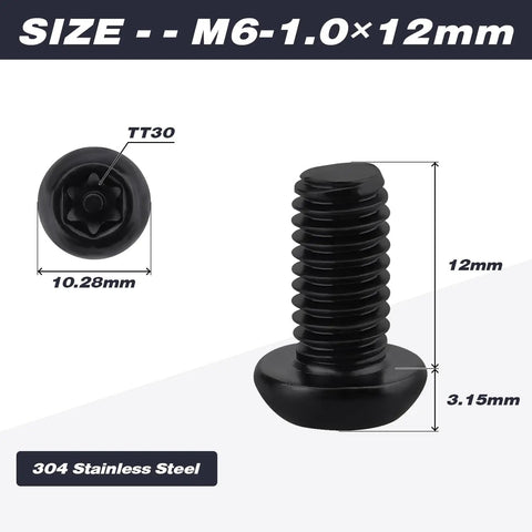 Badass M6 X 12mm Black Security Screws And Bolts 50 Pack 304 Stainless Steel Button Head Torx Pin dimensions showing size and finish.