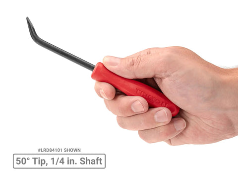 Hand holding a Six Piece Mini Pry Bar Set With 1/4 Inch And 5/32 Inch Bars, 50 Degree tip, compact steel pry tool, Made in USA.