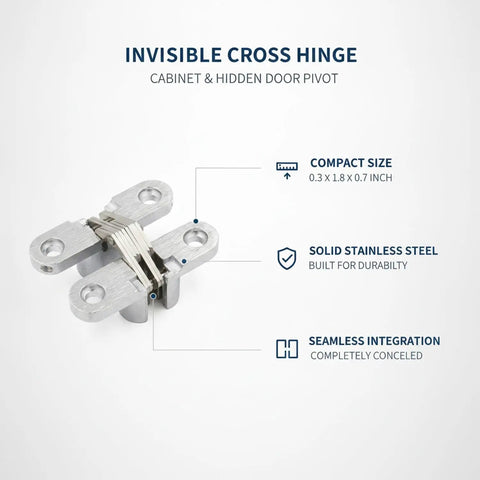 Stainless Steel Invisible Cross Hinge With Concealed Pivot for hidden doors, detailing compact size and seamless integration.