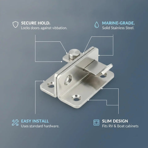 One Handed Stainless Steel Push Latch For RV And Boat Cabinets No Fuss Easy Install Keeps Doors Locked Against Road Vibration And Lets You Access Gear Fast While Traveling