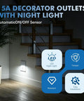 Top Shelf Electrical Outlet With Slick Led Night Light And Auto Dusk To Dawn Sensor Tamper Resistant Plug And Play Hassle Free Includes Matching Wall Plates Tough 15 Amp Pack Of Ten Crisp White view with LED night light by stairs.
