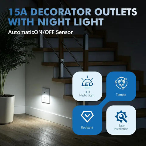 Top Shelf Electrical Outlet With Slick Led Night Light And Auto Dusk To Dawn Sensor Tamper Resistant Plug And Play Hassle Free Includes Matching Wall Plates Tough 15 Amp Pack Of Ten Crisp White view with LED night light by stairs.