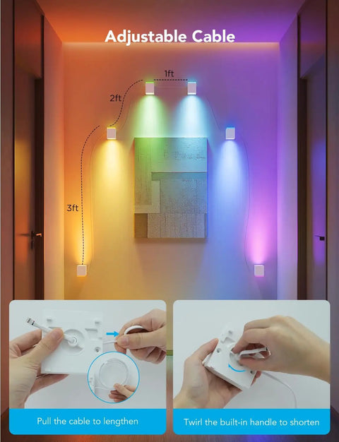 Modern Cube Wall Sconces With Adjustable Cable Distance And Smart RGBic LED Fixture That Hooks Up To Alexa for flexible lighting setup.