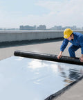 Worker applying Heavy Duty Self Sticking Roof Tape Waterproof Asphalt Leak Sealant Strip With Aluminum Foil Backing on flat roof.