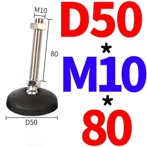 Adjustable Leveling Feet Nylon And Stainless Steel Set With 40 50 60mm Bases And M8 M10 M12 Threads, Bolts From 50 To 150mm, Heavy Duty, Corrosion Resistant, Ideal For Furniture, Equipment, Machinery, M10 D50 80mm foot