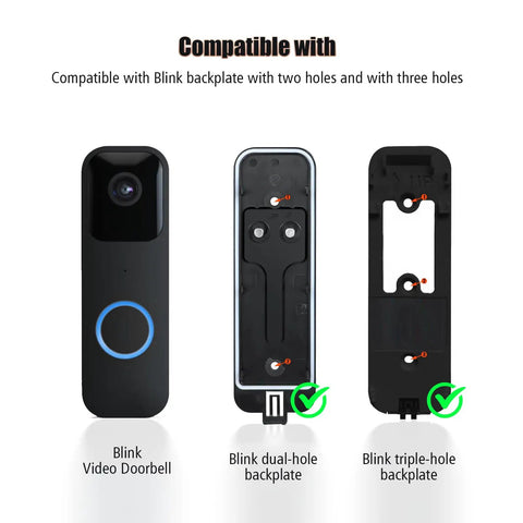 Image showing compatibility with Blink Video Doorbell and backplates, highlighting Blink dual-hole and triple-hole backplate options.