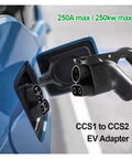 CCStoCCS2 DC Fast Charging Adapter 250 Amp 250 KW 1000V Electric Vehicle Charger connected to car charging port.