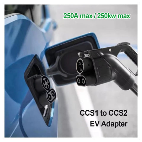 CCStoCCS2 DC Fast Charging Adapter 250 Amp 250 KW 1000V Electric Vehicle Charger connected to car charging port.