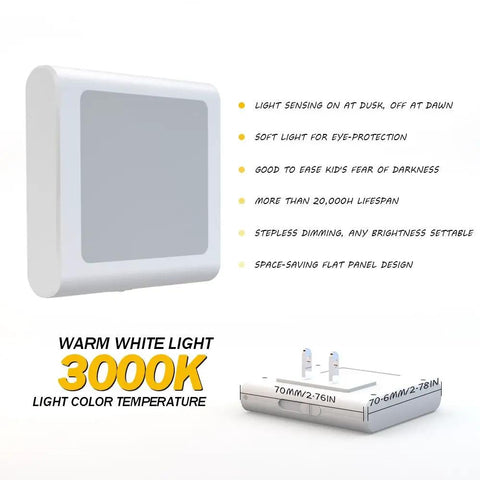 Plug In Dimmable LED Night Light With Auto Dusk To Dawn Sensor Soft Warm White 4 Pack, side view showing flat panel design