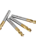 Front view: four titanium-coated carbide end mills with 4 flutes and straight shanks (1/4 in/6 mm) for wood and aluminum