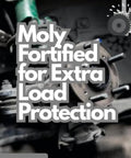 Close-up of automotive joint with text about moly fortified heavy-duty load protection using Moly EP grease for bearings and joints.