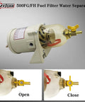 Diesel Fuel Filter Water Separator for Boats and Trucks, Copper Manual Drain Valve Upgrade, detail of valve position open and close.