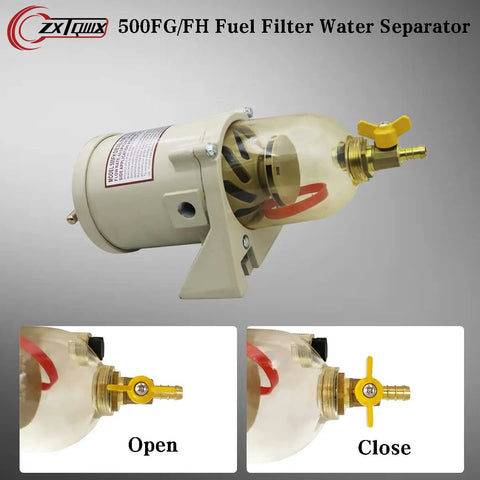 Diesel Fuel Filter Water Separator for Boats and Trucks, Copper Manual Drain Valve Upgrade, detail of valve position open and close.