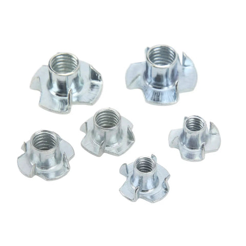 Heavy Duty Galvanized T Nuts Set One Hundred Ten Pieces Pronged Tee Nuts For Wood And Wet Environments shown in various sizes