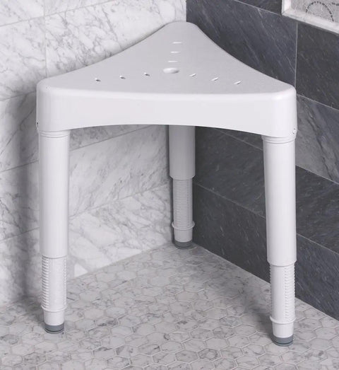 Corner Shower Seat With Adjustable Legs In White, Durable All Plastic And Rust Proof, shown in a tiled bathroom corner.