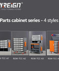 Four styles of Heavy Duty Rolling Shop Workhorse Tool Cabinet With Pegboard Back Panel and Partitioned Drawers for mechanics gear.
