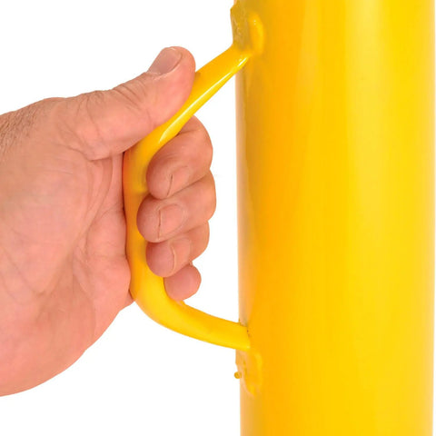 Hand gripping the handle of a Heavy Duty Semi Trailer Stabilizer Jack Stand With Twin Handles Quick Height Adjustments.