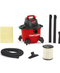 6 Gallon Wet Dry Shop Vacuum With 3.5 Peak HP Power, Portable Cleanup Pro with attachments, filter, and dust bag on display.