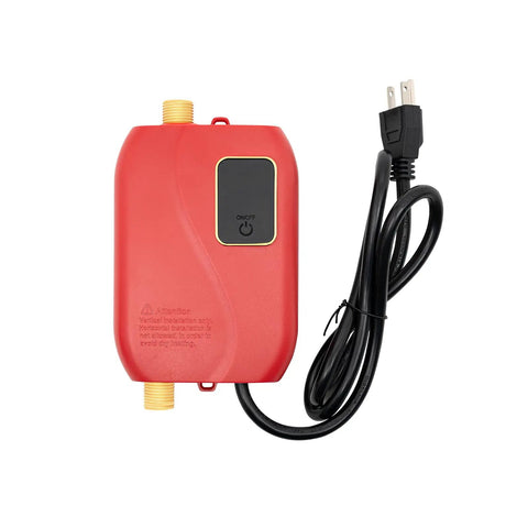 Compact Under Sink Electric Water Heater With 3000W Instant Heating Delivers Genuine Hot Water On Demand Wall Mount Space Saving Build Zero Wait Time Vibe For Daily Grind, red unit with power cord and control switch.