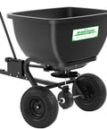 Heavy Duty Tow Behind Broadcast Spreader With 200 Lb Hopper And 13 Inch Pneumatic Tires, side view against white background