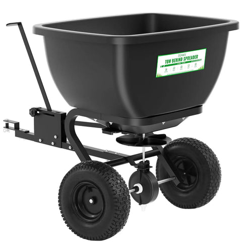 Heavy Duty Tow Behind Broadcast Spreader With 200 Lb Hopper And 13 Inch Pneumatic Tires, side view against white background