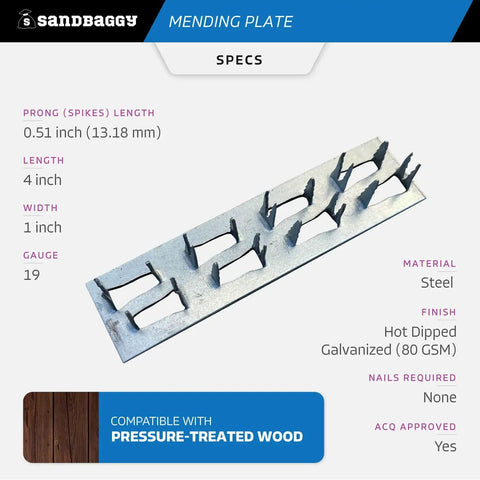Built Tough Hot Dipped Galvanized Steel Mending Plates For Wood Deck Repair And Framing Reinforcement 1 Inch By 4 Inches view of 19 gauge steel with spikes.