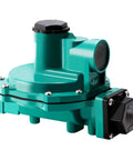 Side view of LP-gas second-stage regulator with teal housing, black adjustment cap, and 3/4 in NPT inlet/outlet ports.