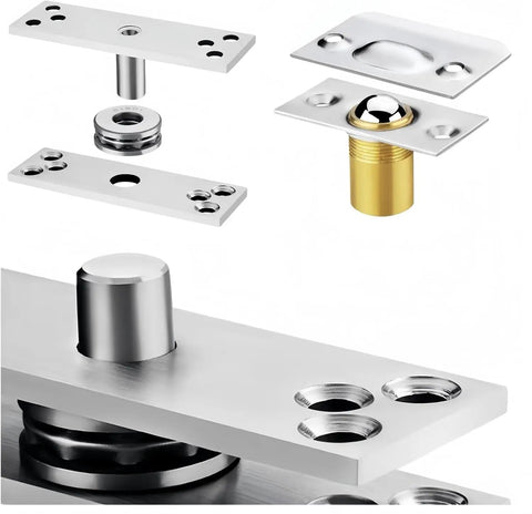 Concealed 360 Degree Pivot Door Hinge Set Built Tough In Stainless Steel, Heavy Duty Commercial Grade Door Hardware With Silent Rotation For Doors Up To 220 Lbs, Double Bearing System For Smooth Quiet Open And Close. stainless steel pivot hinge parts close-up