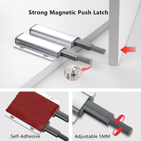 Double Magnetic Push Latch Kit 10 Pack For Cabinets Drawers Wardrobes And Doors showing strong magnetic mechanism and self-adhesive base.