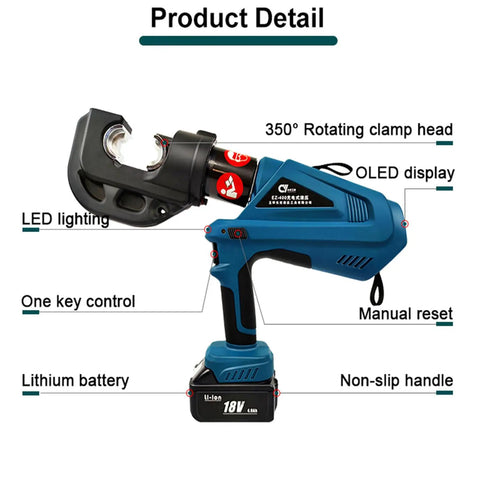 Upgrade Your Toolkit With This Rechargeable Electric Hydraulic Crimping Tool features a 360° rotating clamp head and LED lighting.