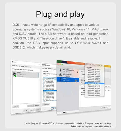 DX5 II compatibility with Windows, MAC, Linux, iOS/Android, showing PC sound configuration screen and stable USB driver.