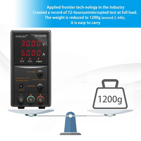 30V 5A Adjustable DC Bench Power Supply With 4 Digit LED Display Coarse And Fine Dial shown next to weight indicator