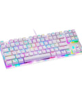 Premium Mechanical Gaming Keyboard With RGB Rainbow Backlighting And Super Snappy Red Switches Built Into A Sleek White Tenkeyless Layout.