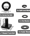 Heavy Duty Eight Pack M8 T Slot Track Tie Down Anchors Black Coated Stainless Steel Eye Bolts With Flat Fender Lock Washers components and sizes.