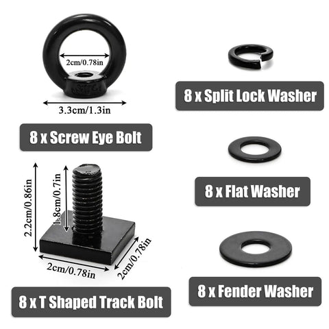 Heavy Duty Eight Pack M8 T Slot Track Tie Down Anchors Black Coated Stainless Steel Eye Bolts With Flat Fender Lock Washers components and sizes.
