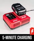 PWRCore 20 Brushless 20V 5-Inch Random Orbital Sander With 2.0Ah Battery And PWRJump Charger, highlighting fast charging feature.