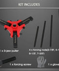 Adjustable 3 Jaw Harmonic Balancer Puller Tool Kit with 24 Mm Drive and forcing screws includes 4 rods, puller, screw, gloves.