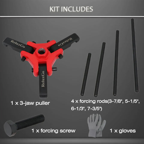 Adjustable 3 Jaw Harmonic Balancer Puller Tool Kit with 24 Mm Drive and forcing screws includes 4 rods, puller, screw, gloves.