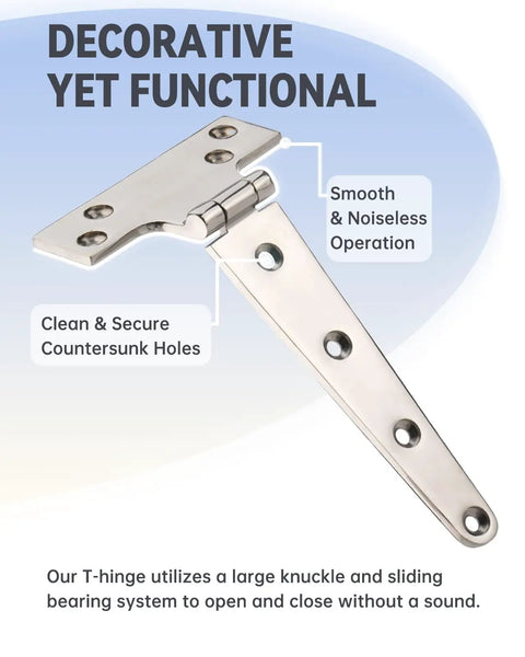 Heavy Duty 316 Marine Grade Stainless Steel T Hinges 8 By 4 Inches showing smooth operation and countersunk holes.