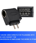 No Sweat Easy Install 220V To 12V Car Cigarette Lighter Plug Converter showing plug design and adapter specs.