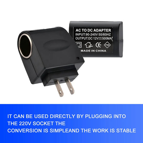 No Sweat Easy Install 220V To 12V Car Cigarette Lighter Plug Converter showing plug design and adapter specs.