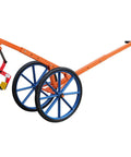 Heavy Duty Adjustable Lid Lifter Dolly With Air Ride Wheels and Rock Solid Clamps for Hauling Massive Stones showing steel frame with blue wheels.