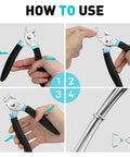 Pro Grade Hog Ring Pliers Kit With 600 Galvanized Rings In 3/8, 1/2, And 3/4 Inch usage instructions, showing hand positioning and ring application.